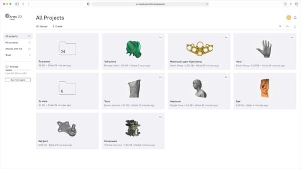 Artec Cloud interface showcasing 3D scanning projects.